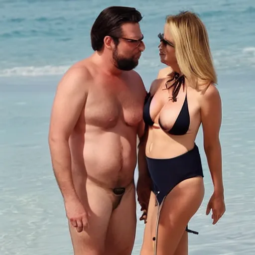Prompt: photo of a 3 3 year old man that looks young for his age dating a very attractive 5 5 year old woman wearing a bikini.