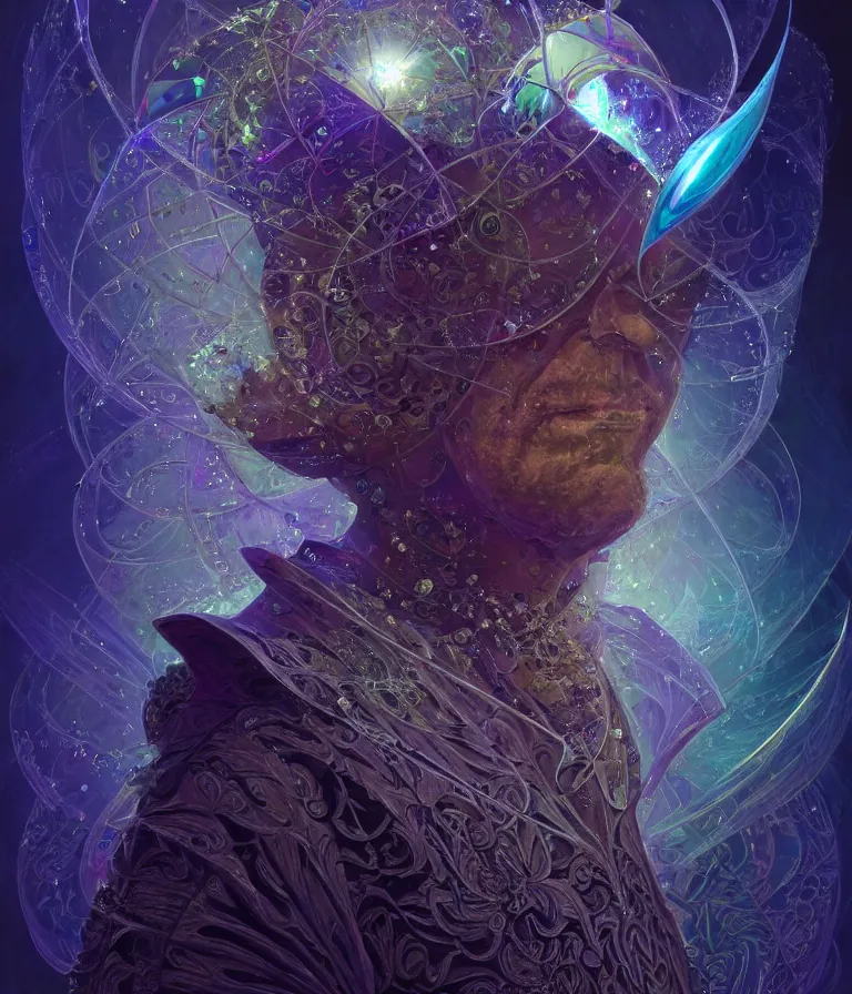 Image similar to front!!! shot of a court jester!!! character, mesmerizing fractal hypercubes, dark holography!!!, future, oil slick nebula, crystalline edges, (((intricate))), elegant, highly detailed, centered, (((artstation, concept art, smooth, sharp focus, artgerm, Tomasz Alen Kopera, Peter Mohrbacher, donato giancola, Joseph Christian Leyendecker, WLOP, Boris Vallejo))), ((raytracing)), mugshot!!!!!, ugly!!!!!!, octane render, nvidia raytracing demo, octane render, nvidia raytracing demo, octane render, nvidia raytracing demo, grainy, muted, 8K, digitalblasphemy, metatron