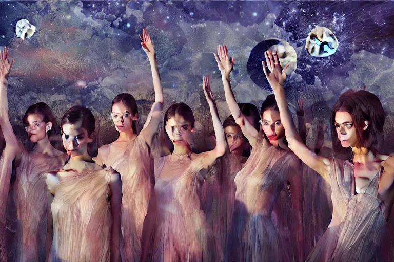 Prompt: 3 d, close - up, group of fashion models standing in a night lake with their hands raised to the bright moon, moon ryas, vogue cover style, intricate oil painting, high detail, figurative art, multiple exposure, poster art, 3 d, by tooth wu and wlop and beeple