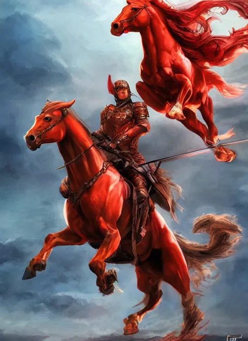Image similar to the first singular horseman of the apocalypse riding a red stallion, horse is up on it's hindlegs, the rider carries a large sword, flames from the ground, artwork by artgerm and rutkowski, breathtaking, dramatic