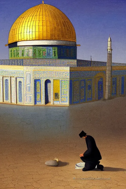 Image similar to a beautiful illustration of dome of the rock jerusalem and f a muslim is praying in front of it, impasto paint in the style of martin johnson heade and h. r. giger