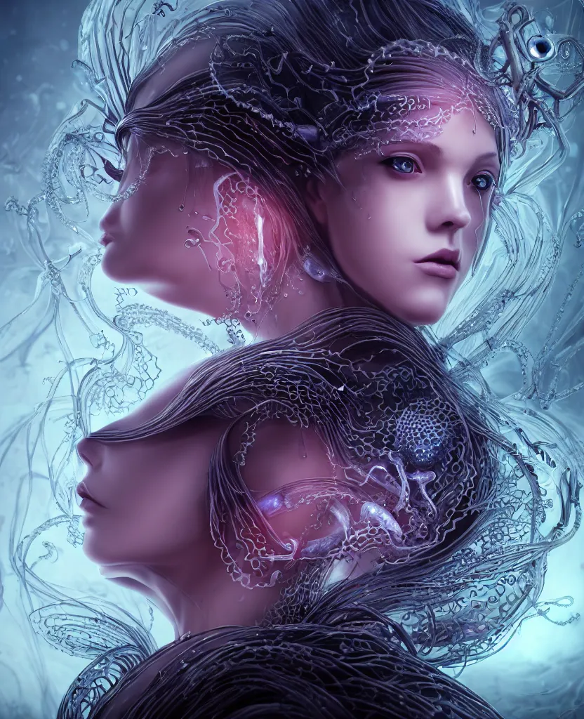 Image similar to close-up portrait of the face of a beautiful gloomy gothic princess, epic angle and pose, symmetrical artwork, 3d with depth of field, blurred background, cybernetic jellyfish female face skull phoenix bird, translucent, nautilus, energy flows of water and fire. a highly detailed epic cinematic concept art CG render. made in Maya, Blender and Photoshop, octane render, excellent composition, cinematic dystopian brutalist atmosphere, dynamic dramatic cinematic lighting, aesthetic, very inspirational, arthouse. y Greg Rutkowski, Ilya Kuvshinov, WLOP, Stanley Artgerm Lau, Ruan Jia and Fenghua Zhong