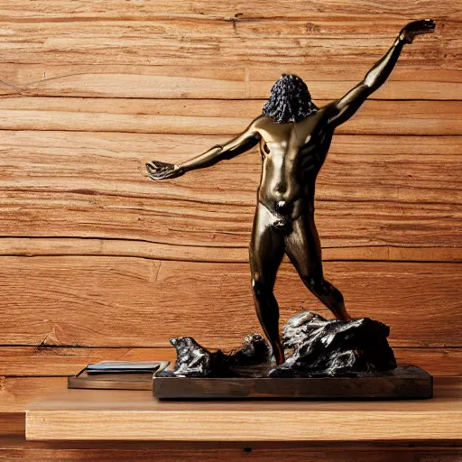 Image similar to bronze metallic statue of Poseidon rising above waves on a wooden desk, studio lighting