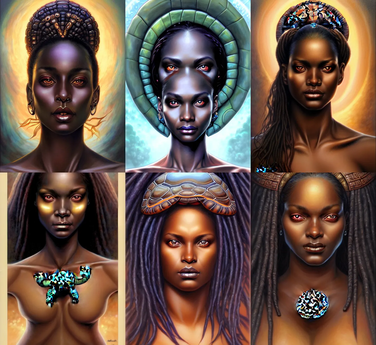 Prompt: stunning goddess of turtle portrait, clear eyes and dark skin. realistic, symmetrical face. art by bowater charlie, mark brooks, julie bell, arian mark, tony sandoval