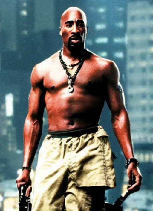 Image similar to film still of Tupac as John McClane in Die Hard, 4k