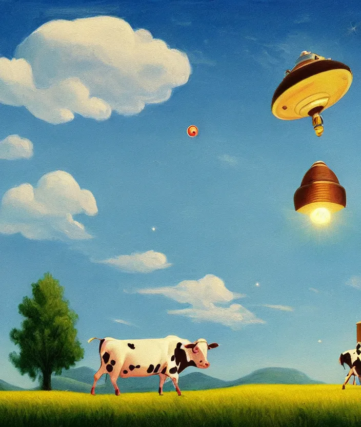 Prompt: a highly detailed painting of a stylized cartoon ufo beaming up a cow on a meadow, ufo has green light beam, very fine brush strokes, baby blue sky with aesthetic clouds, in the style of edward hopper, 4 k,