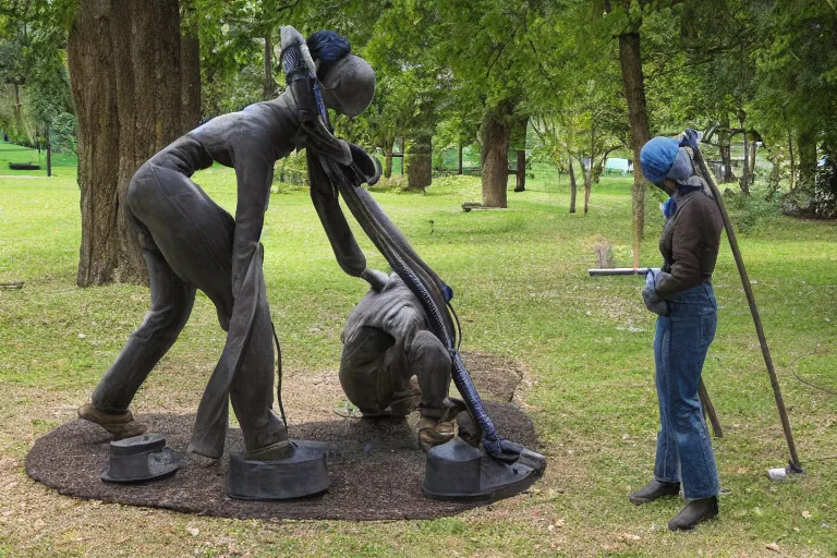 Image similar to cinematography woman welding sculpture in the park by Emmanuel Lubezki