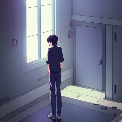 Image similar to a person standing in a room with a door open, an anime drawing by makoto shinkai, cgsociety, postminimalism, anime aesthetic, anime, official art h - 7 6 8