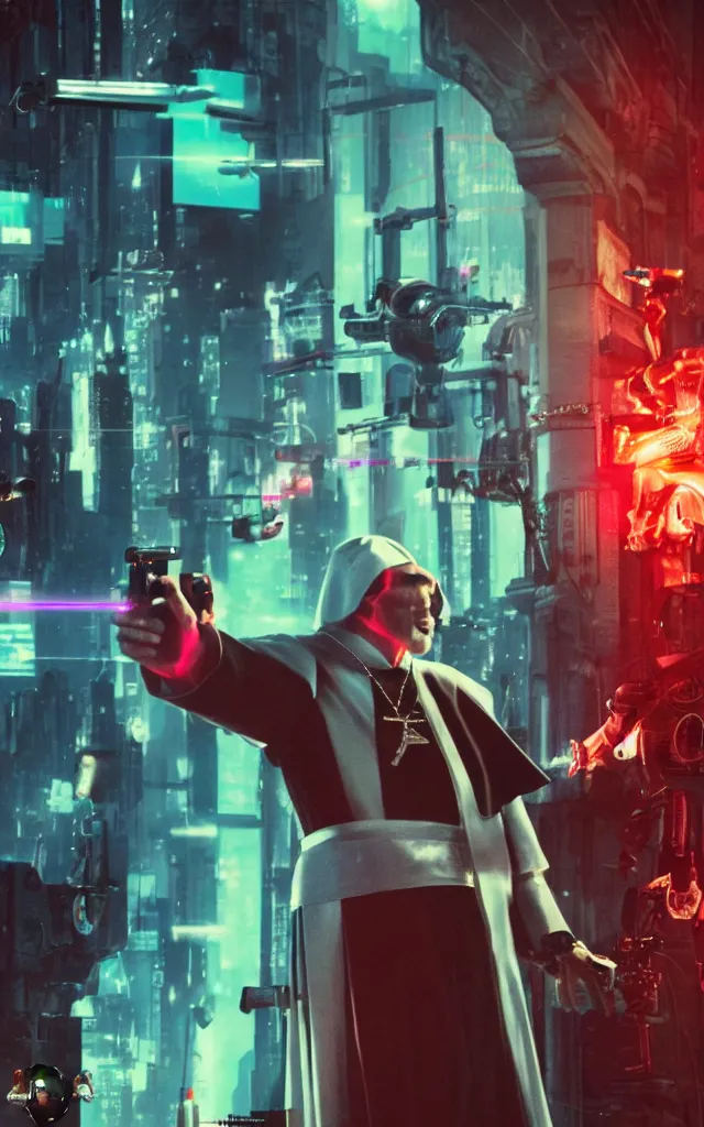 Image similar to Pope shooting bright lasers in front of robotic nuns, 80s, science fiction, cyberpunk, neon, low angle shot, cross, pope, movie poster, futuristic