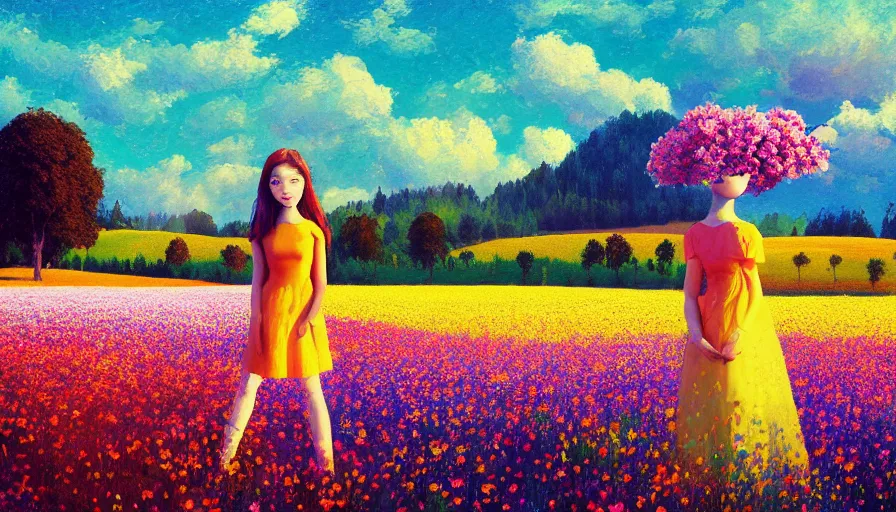 Image similar to girl with a giant flower instead of face, surreal photography, dream, standing in flower field, hills, big trees, sunrise dramatic light, impressionist painting, colorful clouds, digital painting, pointillism, artstation, simon stalenhag, flower face