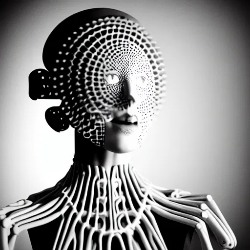 Prompt: black and white photographic foggy portrait, biomechanical beautiful young female priestess - robot bust, body ribs meshes,, volumetric light, rim light, by dora maar and cecile beaton, big gothic fashion pearl embroidered collar, 8 k