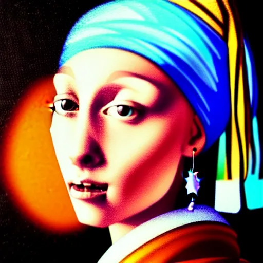 Prompt: An extremely psychedelic portrait of the Girl With the Pearl earring, surreal, LSD, face, detailed, intricate, elegant, lithe, highly detailed, digital painting, artstation, concept art, smooth, sharp focus, illustration