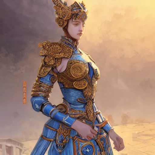 Prompt: portrait knights of Zodiac girl, Chinese Blue and white porcelain color reflected armor, in ruined Agora of Athens, ssci-fi, fantasy, intricate, very very beautiful, elegant, golden light, highly detailed, digital painting, artstation, concept art, smooth, sharp focus, illustration, art by tian zi and WLOP and alphonse mucha