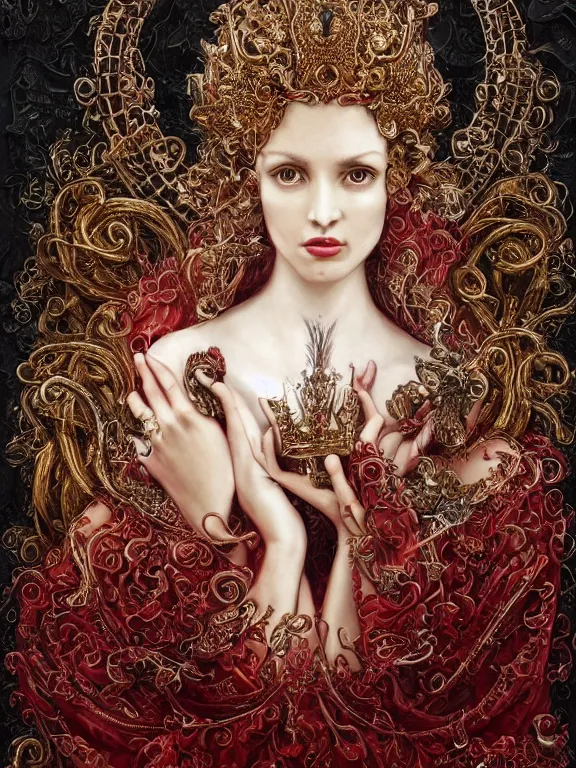 Prompt: a beautiful portrait render of two red veiled queen with baroque symmetry intricate detailed ,heart,pray,love,crystal-embellished,by Daveed Benito,LEdmund Leighton,Virginie Ropars,peter gric,aaron horkey,Billelis,trending on pinterest,hyperreal,gold,silver,ivory,maximalist,glittering,golden ratio,cinematic lighting