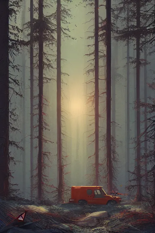 Image similar to Human, Simon Stalenhag in forest clearing style, trends on artstation, artstation HD, artstation, unreal engine, 4k, 8k