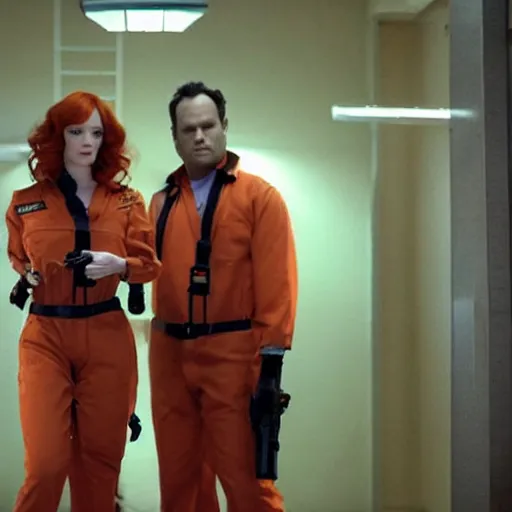 Image similar to vince vaughn as jack fenton, he is wearing an orange coveralls bodysuit with a big sci - fi gun belt, and christina hendricks as maddie fenton, she is wearing a tight teal coveralls bodysuit with a big sci - fi gun belt, movie photo, spooky netflix still shot, they are looking for ghosts