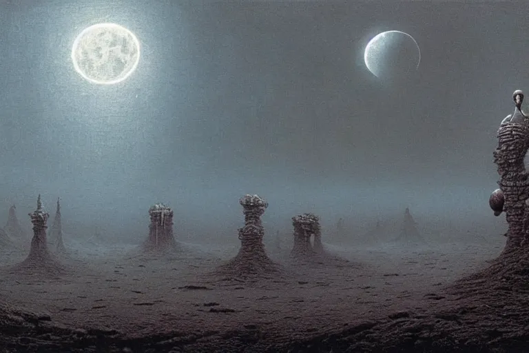 Prompt: a surreal and awe - inspiring science fiction landscape, skull - shaped moon, intricate, elegant, highly detailed matte painting by beksinski and simon stalenhag