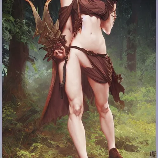 Image similar to Cute Tiefling Druid with tiefling tail D&D, fantasy, full body portrait, highly detailed, digital painting, artstation, concept art, sharp focus, illustration, by greg rutkowski and alphonse mucha