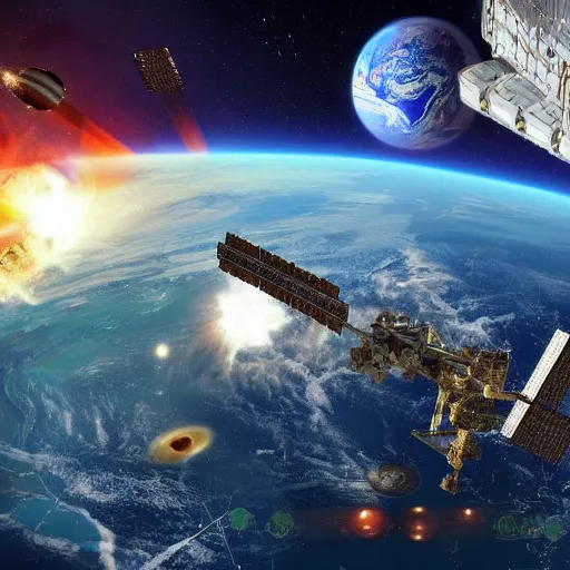 Prompt: Earth defenses 2050, gigantic space satellites, lasers firing, space station, missiles,weapons arrays, explosions, bright thin lasers, beautiful lighting