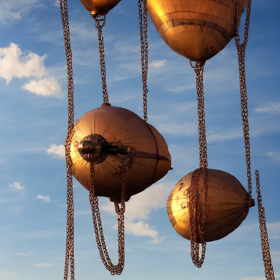 Image similar to beautiful steampunk blimps high in the sky, copper chains hanging from the edges, golden hour, steam clouds, clouds, valves, award winning photography, highly detailed, low poly, extremely wide angle