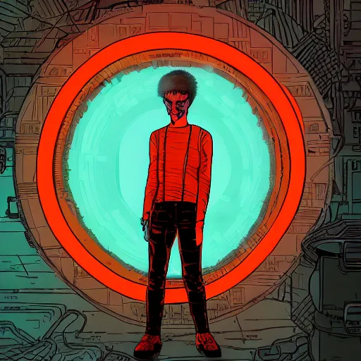 Image similar to in the style of max prentis and deathburger and laurie greasley a young man wearing a cyberpunk headpiece who is standing in front of a large circular ancient glowing portal, highly detailed, 8 k wallpaper