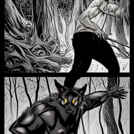 Prompt: Style Tim Jacobus and Rafael Albuquerque:: werewolf with big claws symmetrical face, long snout, big sharp teeth, yellow eyes, fully detailed face:: attacking a man in the woods:: night time, full mood, fog, realistic, scary, horror, full body