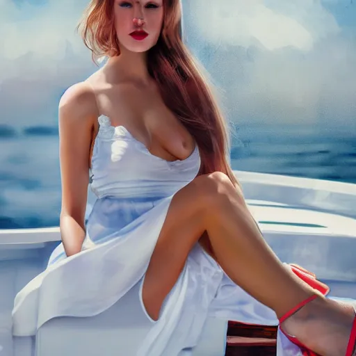 Prompt: beautiful russian models on a yacht wearing a white dress, detailed face with pink lips, blue eyes and large forehead, moody lighting, peaceful atmosphere, digital art, highly detailed, high contrast, beautiful lighting, award winning, trending on art station, 8 k,