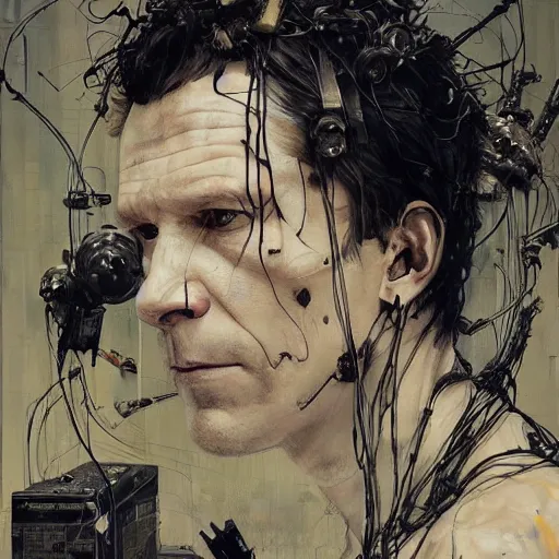 Image similar to thomas jane as a cyberpunk noir detective, skulls, wires cybernetic implants, machine noir grimcore, in the style of adrian ghenie esao andrews jenny saville surrealism dark art by james jean takato yamamoto and by ashley wood