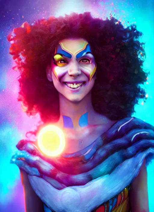 Image similar to an epic fantasy comic book style portrait painting of a girl wearing colorful makeup with a smile and curly brown hair stepping out of a doorway with light shining behind her, unreal 5, daz, hyperrealistic, octane render, cosplay, rpg portrait, dynamic lighting