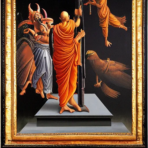 Image similar to hindu monks worshipping giant crow as devil on greek senete baroque painting, lionardo davinchi