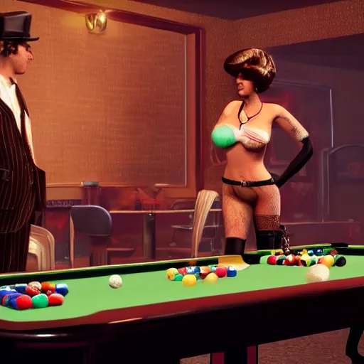 Prompt: Benny from Fallout new Vegas playing billiards with a prostitute at the TOPS casino. Ultra HD, 45mm, elegant, retro style, cinema picture