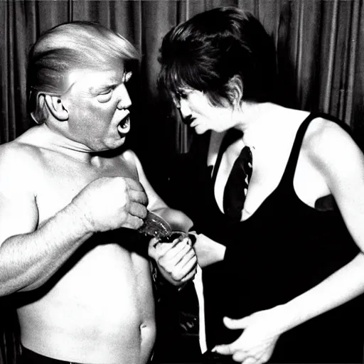 Prompt: donald trump with no shirt feeding a troll from his teat