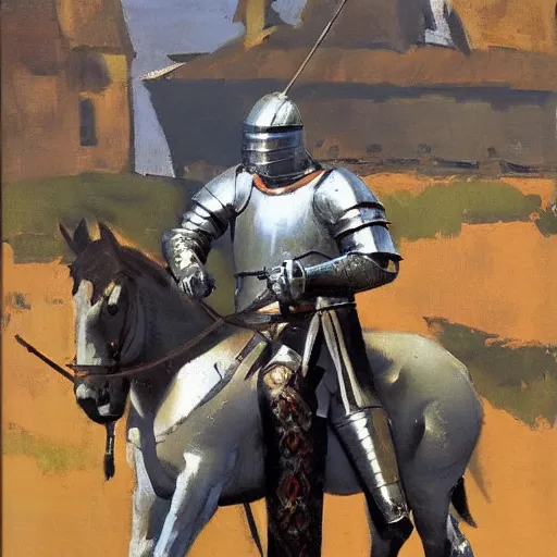 Prompt: portrait of medieval knight on horseback, with jousting gear by greg manchess, bernie fuchs, walter everett, lost edges