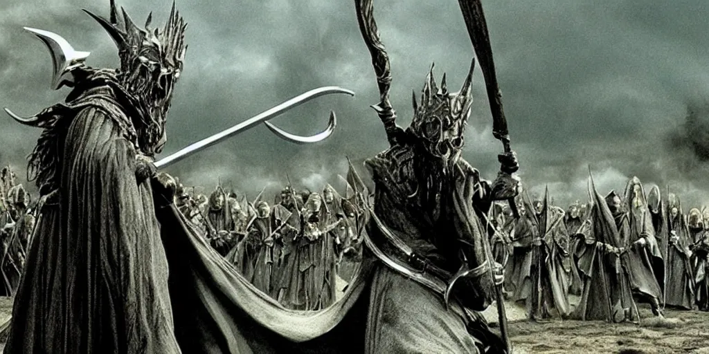 Prompt: movie still from the lord of the rings, directed by ridley scott in the style of h. r. giger, gandalf wearing a tall steel crown, resting against a twisted metal staff, dark, cinematic, cinemascope, highly detailed