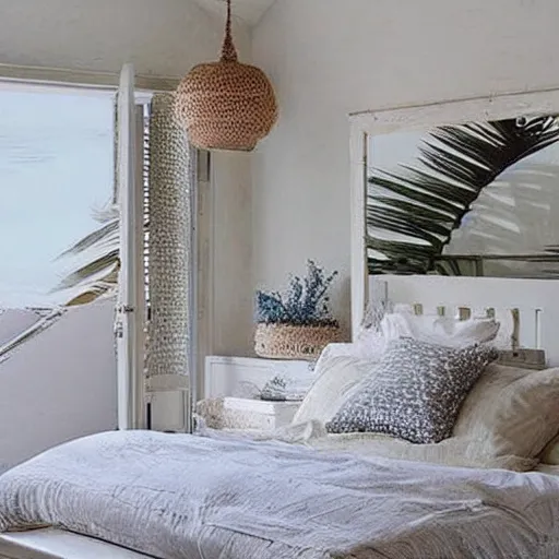 Image similar to a beautiful bedroom, beach aesthetic