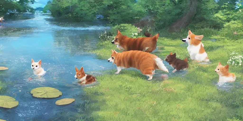 Prompt: Corgis in the pond, there is blue sky, there is water splash, there are kittens by the pond, the atmosphere is cheerful, the colors are bright, high picture quality, by Makoto Shinkai