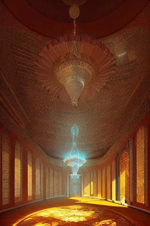 Image similar to detailed paiting of the interior of the Topkapi Palace in Ottoman Empire, cinema4d sparkling volumetric masterpiece by Ross Tran, WLOP, ArtGerm & Anton Fandeev, stunning shaded lighting effects