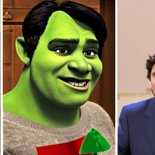 Prompt: justin trudeau cosplaying as shrek, 7 2 0 p, realistic, controversial photo