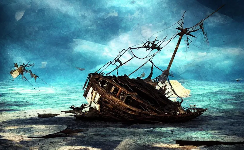 Image similar to “Pirate ship wreck falling off a Floating island from the sky, 4k, cinematic, award winning”