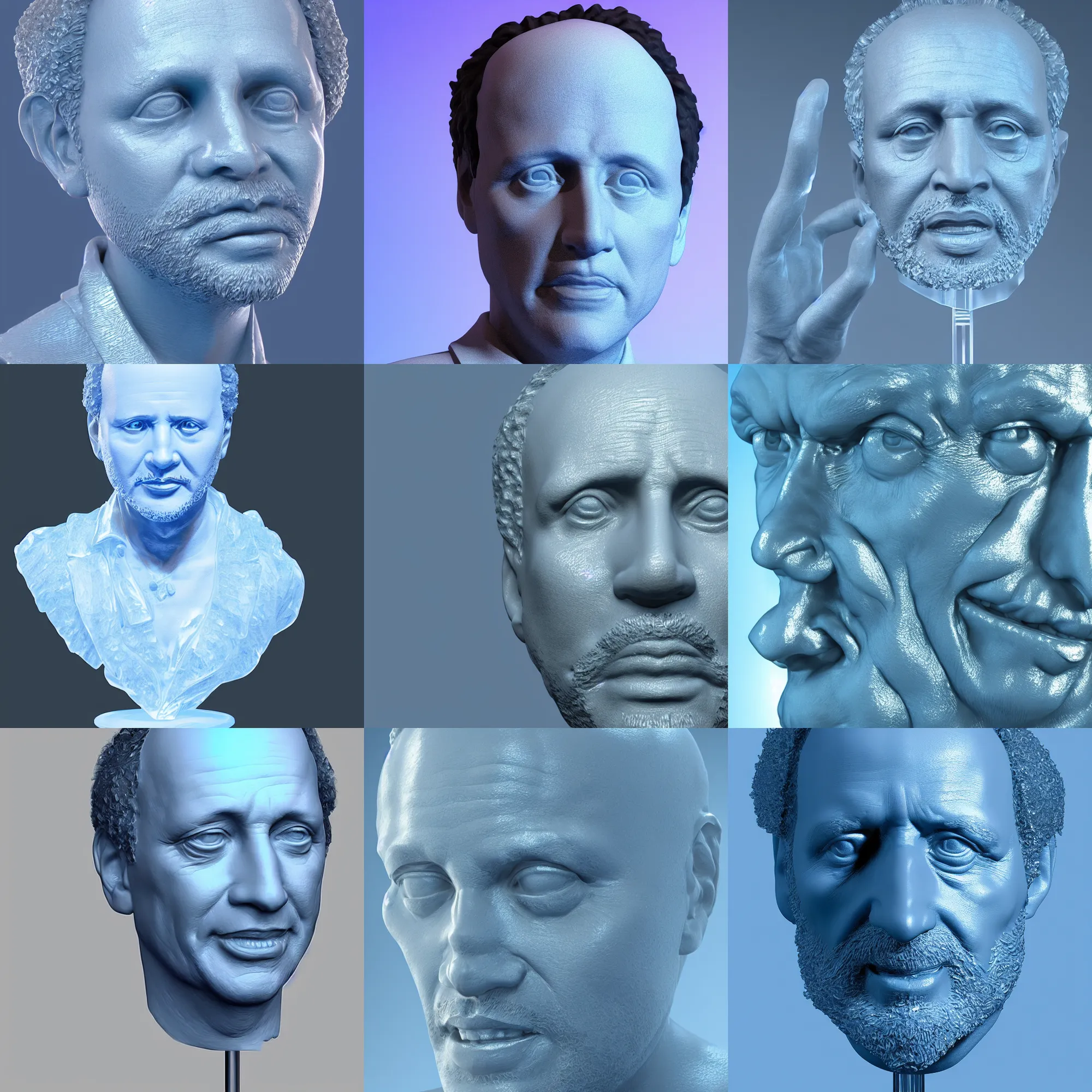 Prompt: bust sculpture made of translucent crystal made of billy crystal, beautiful light blue lighting, refraction, high detail photo, close up, cgstation, ray tracing