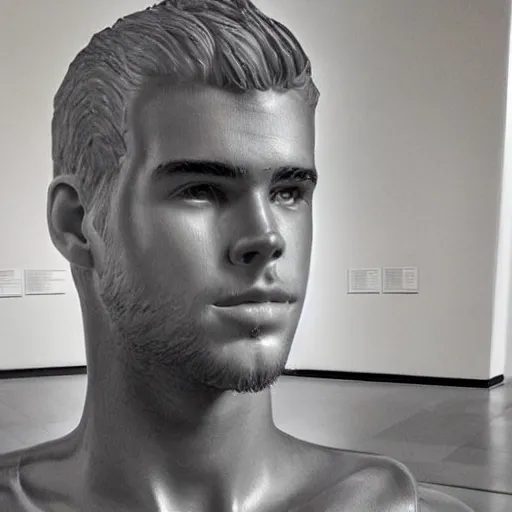 Image similar to “a realistic detailed photo of a guy who is an attractive humanoid who is half robot and half humanoid, who is a male android, actor Liam Hemsworth, shiny skin, posing like a statue, blank stare, at the museum, on display”