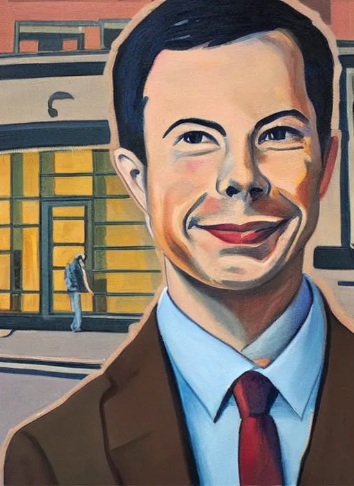 Prompt: painted portrait of pete buttigieg in front of the netflix offices, nerds are fighting the the background, by grant wood, regionalism style