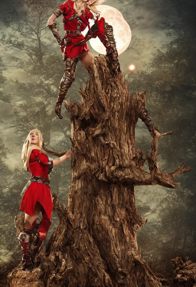 Prompt: a blonde medieval female soldier standing on a short treestump, red lunar eclipse, detailed, fantasy, in the style of Gwent, epic composition, red background