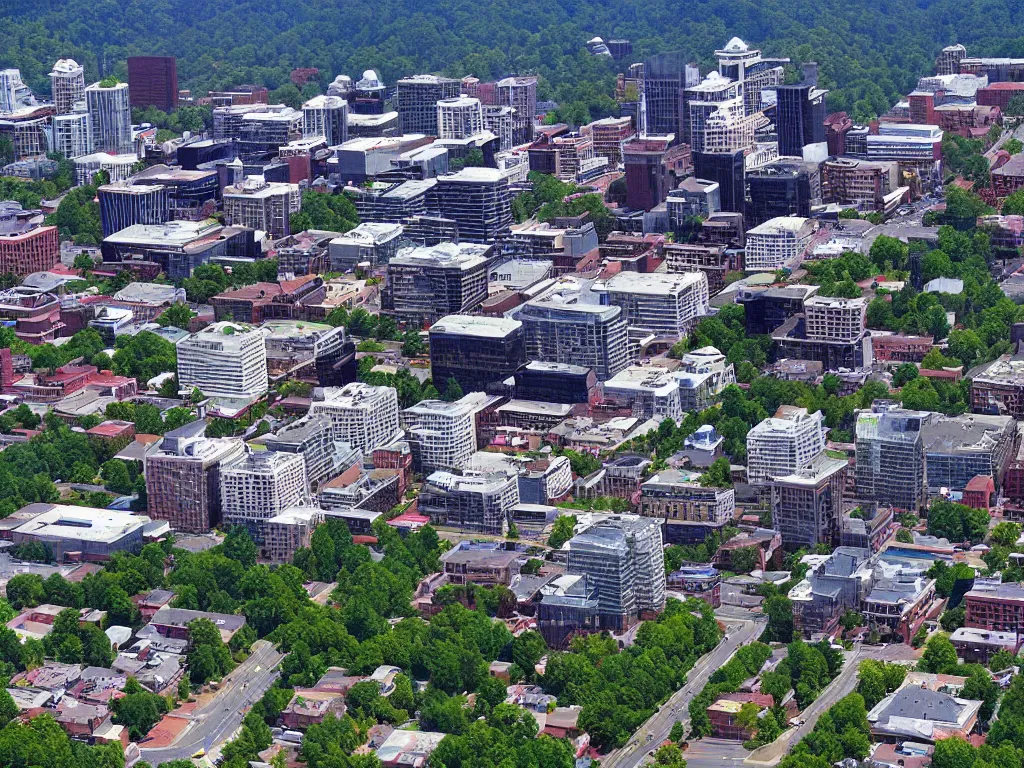 Prompt: “ aerial image of downtown asheville nc in the style of sim city 2 0 0 0 ”