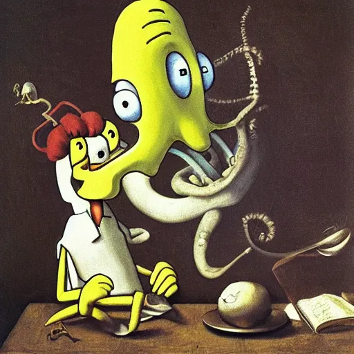 Prompt: Squidward and Spongebob by Caravaggio