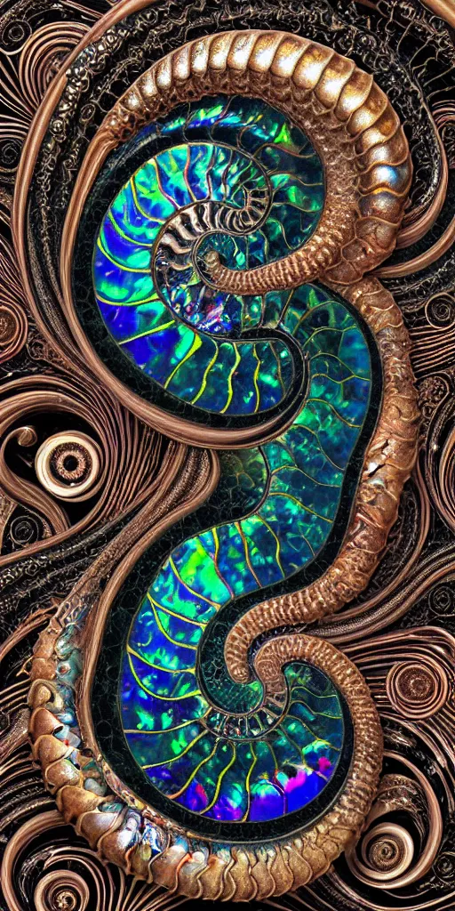 Image similar to art nouveau cresting oil slick waves, ammonite, bubbles in a shiny iridescent oil slick wave, black opals, ornate copper patina art nouveau spiral ornament, rococo, organic rippling spirals, hyperdetailed photorealistic ultrasharp octane render