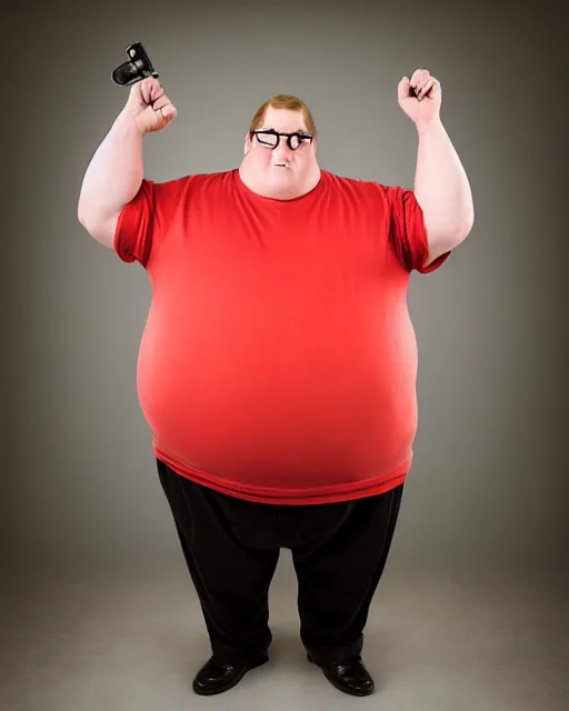 Image similar to Studio Photograph of a real life Peter Griffin from Family Guy in the Style of Annie Leibovitz,