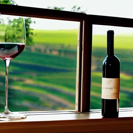 Image similar to wine bottle sitting on window sill with a view of beautiful vineyard