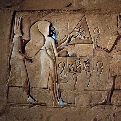 Prompt: Archaeologists discover cave painting with hieroglyphics depicting modern smartphones and aliens photorealistic