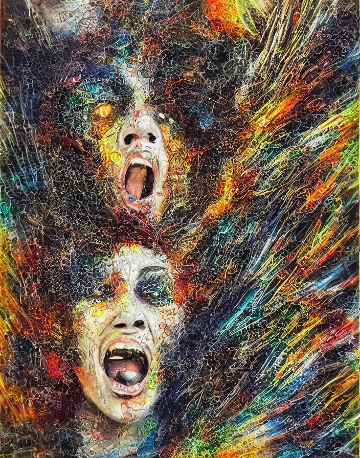 Prompt: screaming dynamism of godly consciousness detailed and highly reliefed analogue mixed media collage with canvas texture in style of conteporary art, punk art, photorealistic, expressionism, masterpiece, perfect composition, photorealistic beautiful face, spectacular quality, intricate oil details, shattered glass textures